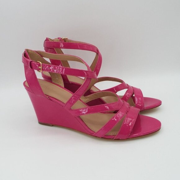 J. Crew Marci Patent Wedge Sandals Bright Dahlia Pink Size 9 - Picture 1 of 16